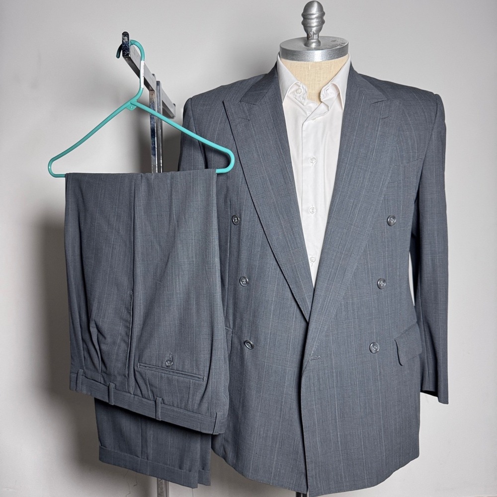 Harry Rosen Suit Mens 42R 33W Grey Glen Plaid Double Breasted Peak Lapel Wool